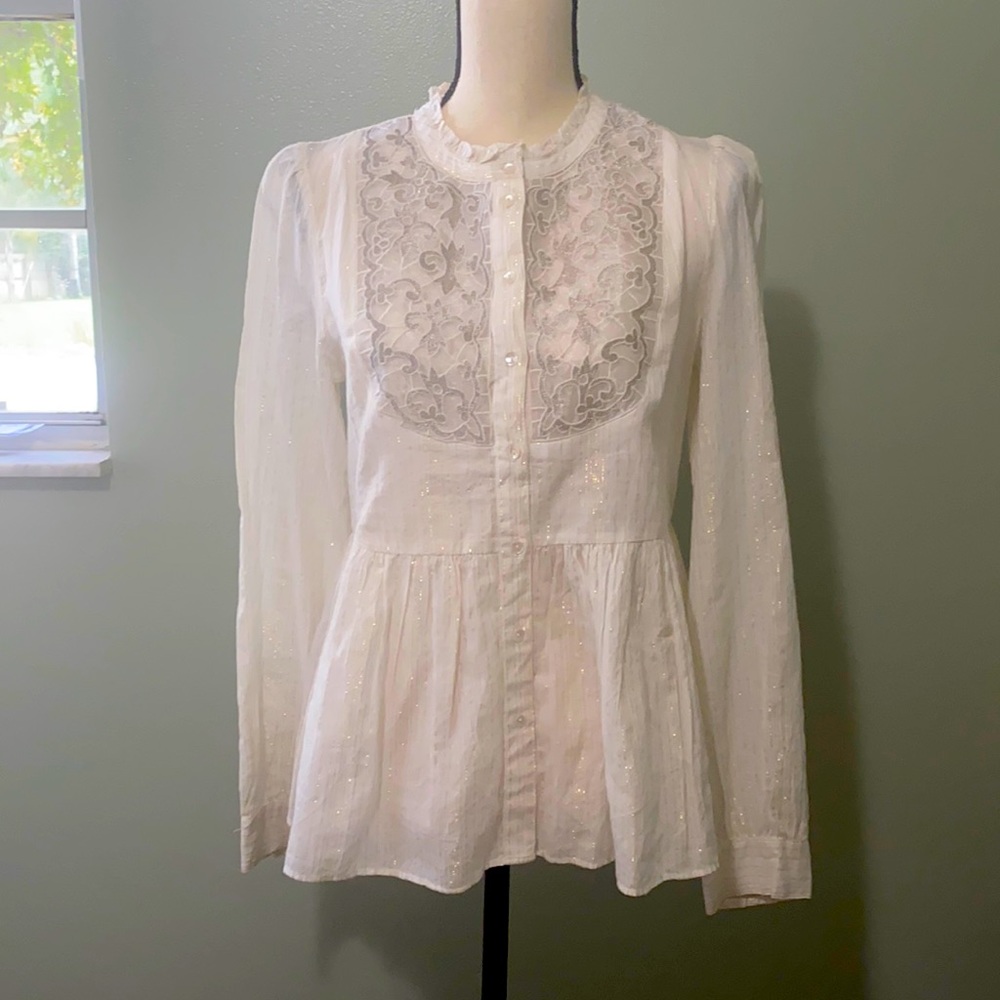Floreat Anthropologie White Button Down Shirt Gold Shimmer Size 6